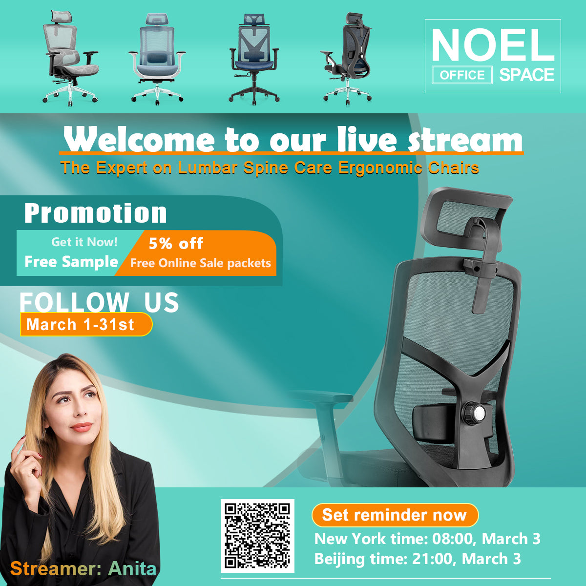 NOEL Ergonomic Chairs Live Stream【China time 21:00, Mar. 3】