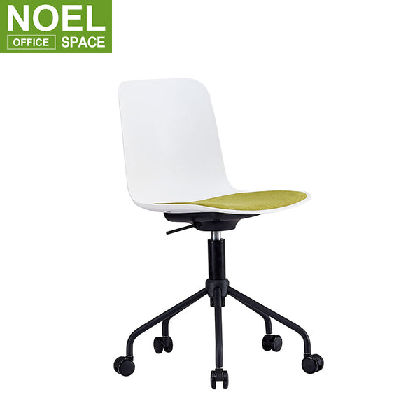 The negotiation chair has wheels that can be raised and lowered