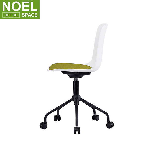 The negotiation chair has wheels that can be raised and lowered