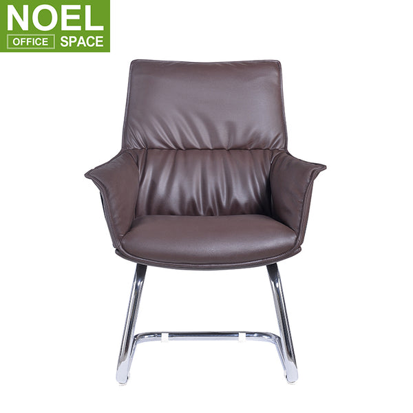 Samson-V, Simple design brown mid back PU leather boss visitor chair with 2.0mm thickness chrome metal frame