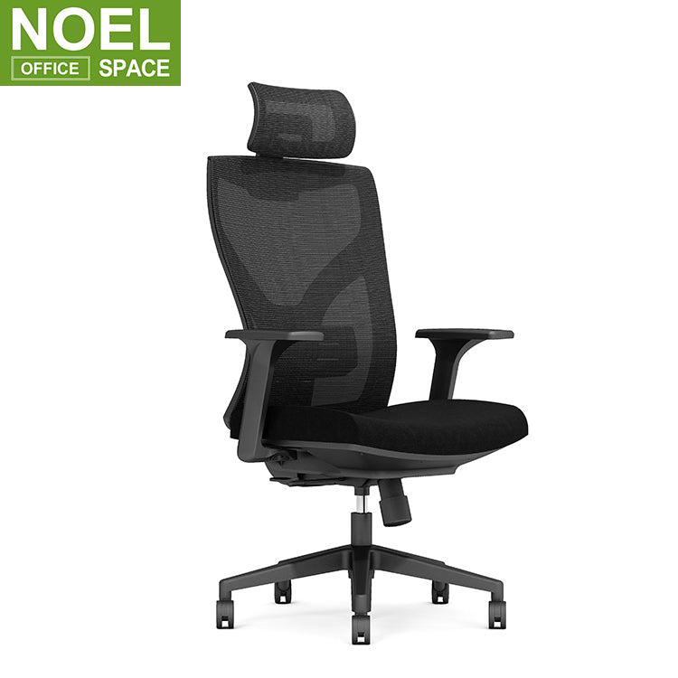 Venon-H (Black PP), High-Back Swivel Ergonomic Fabric Armrest Office Mesh Chair with Headrest
